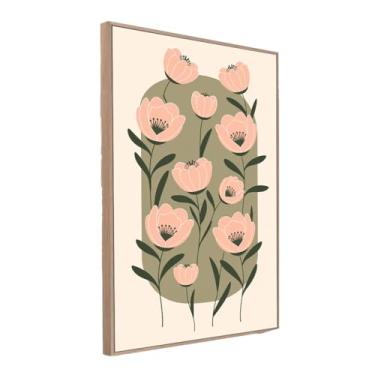 Imagem de Quadro Canvas Desenho Flores Rosa 120x80 cm com Moldura Carvalho