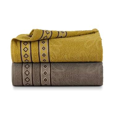 Imagem de Kit 2 Toalhas de Banho Bloom Banhão 150x75cm | Jacquard 100% Algodão | Felpa Macia 350g/m² – Hipoalergênica (Amarelo e Marrom)