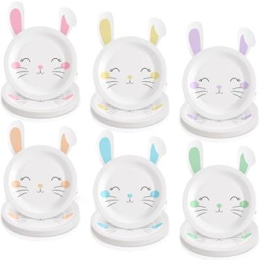 Imagem de Havawish Pacote com 36 pratos de papel para decoração de aniversário de coelhinho macarons para decoração de festa de chá de bebê de coelho da Páscoa, 17,8 cm, pratos descartáveis com orelhas caídas