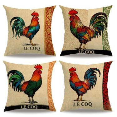 Imagem de Capa de almofada de galo de fazenda 45,7 x 45,7 cm, galo country francês vintage com borda damasco fronhas aquarela frango decoração de casa 4 pacotes para decoração de casa rústica (verde, 45,72 cm x