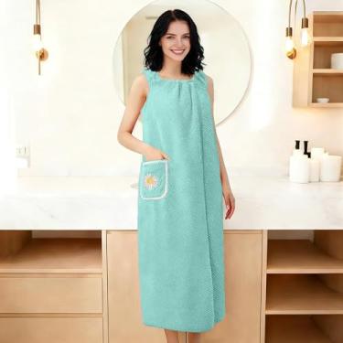 Imagem de Toalha feminina macia de comprimento total, roupão de banho após o banho feminino de pelúcia longo, roupões de banho de spa leves com bolsos (79 x 134 cm verde)