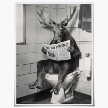 Imagem de Arte de parede em tela de banheiro engraçada alce no banheiro, lendo pôster de jornal, preto e branco, imagens de animais, impressão de arte moderna para casa de banho, decoração de parede para