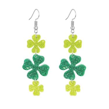 Imagem de Dreuyet Brincos femininos de Dia de São Patrício, fofo, engraçado, acrílico, trevo irlandês, com pingente de trevo verde, chapéu de ferradura, brincos de gota de boa sorte, dia de São Patrício