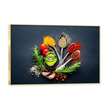 Imagem de Moldura dourada. Arte de parede em tela de especiarias coloridas e colher de tempero | Decoração de cozinha vintage | Arte moderna para casa e sala de jantar. C14. 50 x 75 cm - 19,7 x 29,6 pol