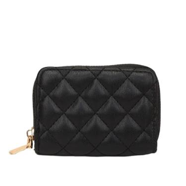 Imagem de Carteira feminina de couro genuíno com dobra dupla/tripla - Suporte minimalista para cartão de crédito com bloqueio de RFID e bolso para moedas, Preto, Casual