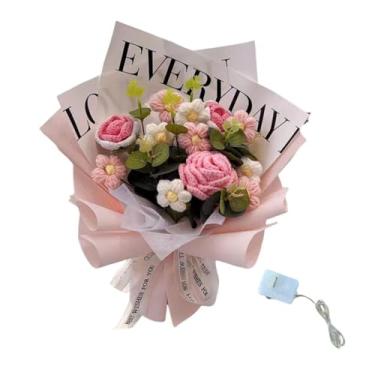 Imagem de MotiveTech Buquê de Crochê Finalizado, Arranjo de Flores Artificiais Tricotadas à Mão, Decoração para Casa, Centro de Mesa com Flores Artificiais, Feito com Fio, ROSA, Tamanho real