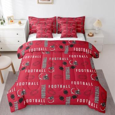 Imagem de jejeloiu Jogo de cama de futebol americano Atlanta tamanho solteiro com lençol de 7 peças, vermelho, preto, respirável, macio, rúgbi, esportivo, decoração de quarto