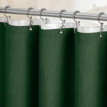 Imagem de BTTN Conjunto de cortina de chuveiro 3 em 1, cortina de chuveiro de tecido texturizado de linho verde esmeralda e conjunto de forro transparente com gancho de plástico, cortina de chuveiro impermeável