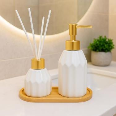 Imagem de Kit Banheiro Lavabo em Cerâmica com Dispenser para Sabonete Líquido e Porta Escova de Dente Decorativo(BRANCO ELIPSE)