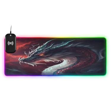 Imagem de CEBUGI Mouse pad de carregamento sem fio Dragon 15W rápido para jogos com 14 iluminação LED RGB para jogos, PC, laptop, mesa 80 x 30 cm