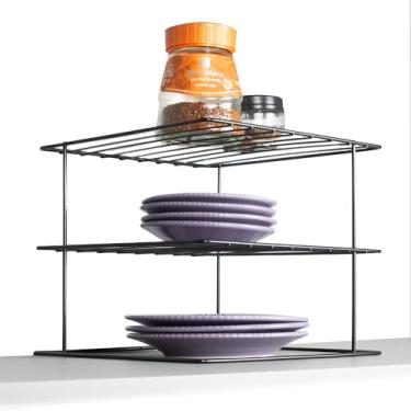 Imagem de Prateleiras Divisora de Prato Organizador de Armário Cozinha Vários Modelos Resistente em Aço Preto Branco Quadrado, de Canto Duplo p/Armários, Duplo Fiver (Preto, Cantoneira Quadrada)