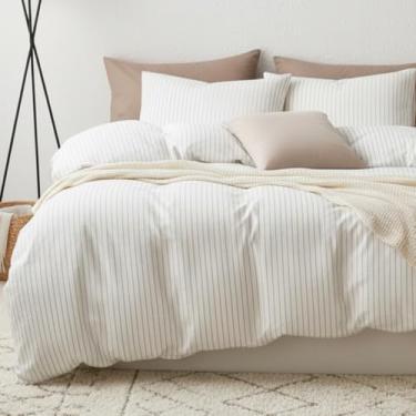 Imagem de CCoutueChen Jogo de capa de edredom listrado Queen 100% algodão lavado, verde sálvia, branco, listras largas, texturizado, macio, respirável, durável, 3 peças (sem edredom)