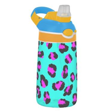 Imagem de Garrafa de água esportiva infantil azul-petróleo com estampa de leopardo para escola, 473 ml Tritan 473 ml, garrafa de água com canudo, copo de viagem portátil infantil à prova de vazamento, alça de
