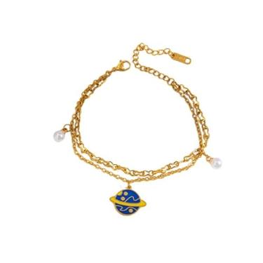 Imagem de Pulseira feminina com pingente de pérola planeta celestial em camadas delicada, empilhável, galáxia, espaço ajustável, de aço inoxidável, moderno, não mancha, minúsculo, corrente, pulseira, pulseira