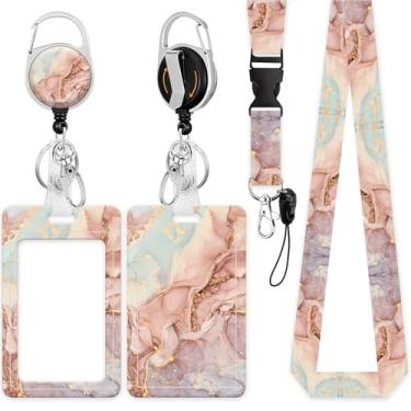 Imagem de Suporte de crachá de identificação com cordão, carretel retrátil com clipe de cinto giratório, cordão destacável, etiqueta de cartão de nome, protetor de identidade vertical, carretel de crachá para