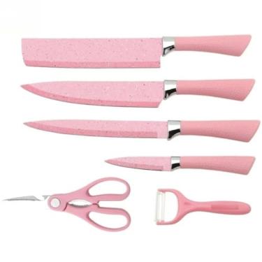Imagem de Conjunto de Facas de Cozinha 6 Peças Antiaderente em Aço Inox – Kit Profissional para Cozinha e Churrasco(ROSA)