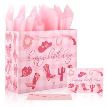 Imagem de Sacola de Presente Rosa para Aniversário com Tema Vaqueira, Sacola de Presente Aniversário com Tema Country Envelope Papel Seda e Cartão Lembrancinhas Festa Vaqueira para Meninas e Mulheres
