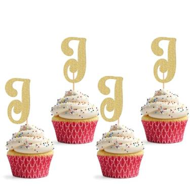 Imagem de Topper de cupcake de 26 letras - pacote com 24 decorações de cupcake com glitter e letra J, adequado para festa de aniversário, aniversário de casamento ou adereços de cabine de fotos (J)