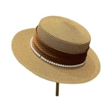Imagem de Chapéu Panamá De Palha Elegante Com Corrente De Pérolas Para Mulheres,