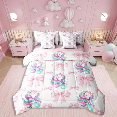 Imagem de Erosebridal Conjunto de cama Queen com laço rosa com laço kawaii, arco-íris, unicórnio para adolescentes, edredom com edredom estilo princesa sonhadora, conjunto de lençol com estampa de unicórnio