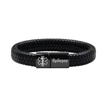 Imagem de Oneress Pulseira de alerta médico para homens e mulheres, pulseira preta com fecho de aço inoxidável para identificação de emergência, pulseira de couro PU com informações de saúde YA5551, Bracelet