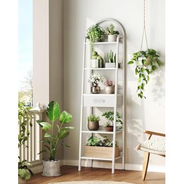 Imagem de CHOEZON Prateleira de escada de 5 camadas com gaveta, estante de livros alta com moldura de metal para sala de estar, banheiro, escritório em casa, estudo, varanda, branco TCJ07WB