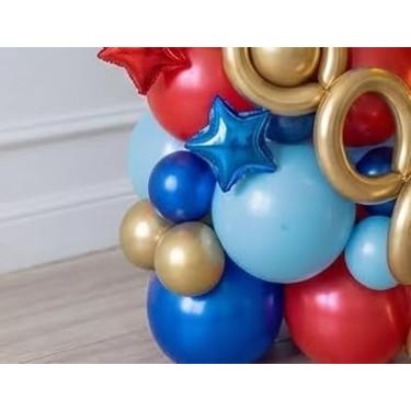 Imagem de Speed Hedgehog Conjunto de mesa de centro de balão de 4º aniversário, azul real, vermelho, dourado, látex, 102 cm, folha número 4, ouro, relâmpago, estrela, cones, para meninos, corrida, jogo, festa