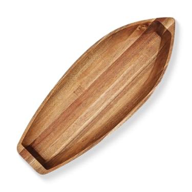 Imagem de CAMLOT Bandeja de servir Lucky Boat, prato de madeira maciça de acácia para servir sobremesas, frutas, lanches e enfeites de casa, bandeja de chave, tigela decorativa funcional e de armazenamento. 2GG