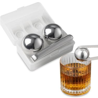 Imagem de Kit Cubos Gelo Esfera Aço Inox Com Pegador Forma Redondo Reutilizáveis Bebidas Whisky Cerveja Drinks