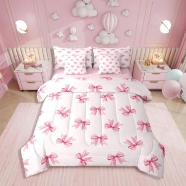 Imagem de Jogo de cama solteiro com laço kawaii, 7 peças, gravata borboleta rosa em uma bolsa, conjunto de cama com laço feminino kawaii, inclui edredom, conjunto de lençol, fronhas e fronhas, decoração de