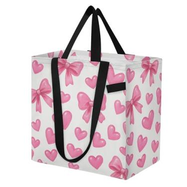 Imagem de SEHANY Sacolas de compras reutilizáveis com laço rosa fofo com alças reforçadas, bolsa de compras de lona dobrável à prova d'água de grande capacidade para viagem, cozinha, praia