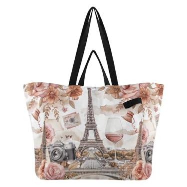 Imagem de SEHANY Sacola de compras reutilizável da Torre Eiffel de Paris com alças reforçadas, bolsa de compras de lona dobrável à prova d'água de grande capacidade para viagem, cozinha, praia
