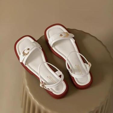 Imagem de Sandálias femininas de bico quadrado com fivela para decoração preta, Branco, 36