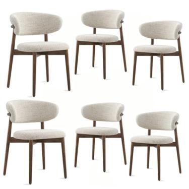 Imagem de 6 cadeiras de jantar modernas de meados do século, cadeira de lazer estofada de madeira maciça sem braços com encosto, costas abertas curvadas para sala de estar quarto e varanda (cor: café)