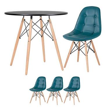 Imagem de Loft7, Kit Mesa redonda Eames 80 cm preto + 3 cadeiras estofadas Eiffel Botonê Turquesa