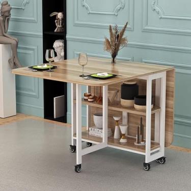 Imagem de Mesa de jantar dobrável moderna com 6 rodas e prateleiras de armazenamento de 2 camadas, mesa de cozinha que economiza espaço, suporte de aço carbono, dobrável em 3 formas