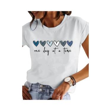 Imagem de Camiseta Casual Feminina Com Estampa De Coração, Manga Curta, Decote R