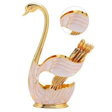 Imagem de YOUTHINK Colheres de café Com Suporte Conjunto de Colher de café Com Suporte de Base de Cisne, Talheres de Sobremesa de Frutas de Base de Cisne Organizador de Colher Artesanato (Ouro Branco)