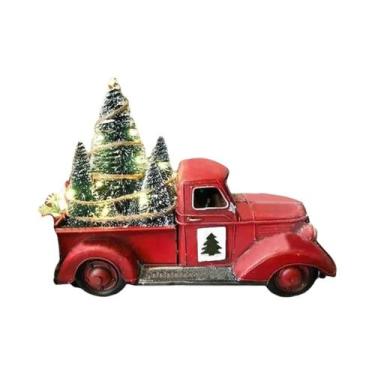 Imagem de Enfeite De Natal Retrô: Caminhão Vermelho De Metal Com Mini Árvore - D