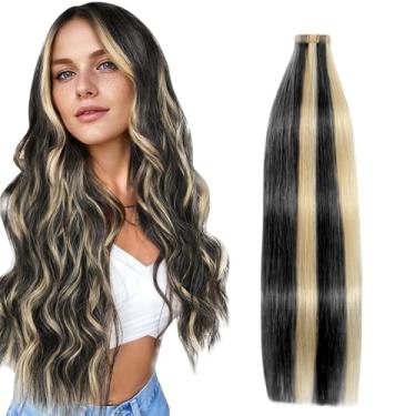 Imagem de SIYUSI Extensões de cabelo humano com fita adesiva, destaques loiros pretos e descolorantes, 45,72 cm, 50 g, 20 peças, trama de pele sem costura invisível, extensões de cabelo humano Remy Tape, liso