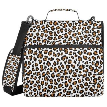 Imagem de SEHANY Fichário de zíper com estampa de leopardo com alça de ombro, capacidade para 500 folhas, vários bolsos, fichário com 3 anéis com zíper de 3 cm
