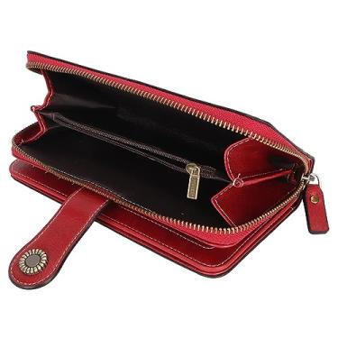 Imagem de Carteira de couro com bloqueio, carteira feminina de grande capacidade com fecho de pressão duplo e alça de pulso removível, para cartões de dinheiro e chaves de telefone, Borgonha, Comum