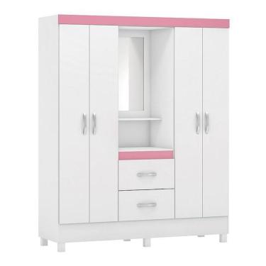 Imagem de Guarda Roupa Capelinha Lord 4 Portas  Branco Rosa Com Espelho - Demóbile Branco Rosa