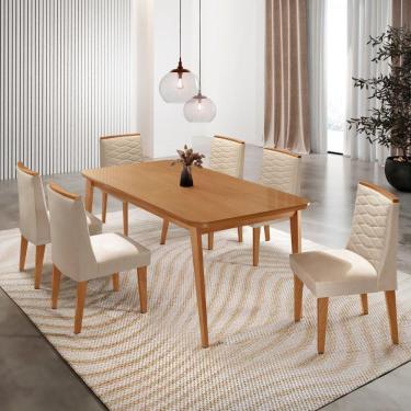 Imagem de Mesa De Jantar Copper 180cm Tampo Mdf Com 6 Cadeiras Eloise Veludo Creme/naturalle/naturalle