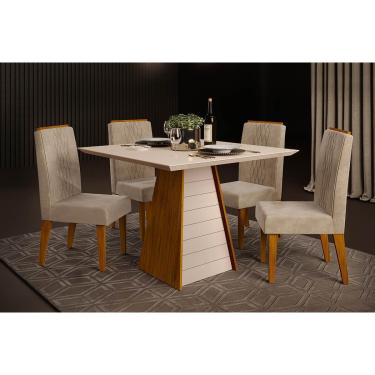 Imagem de Conjunto: Mesa Sala Jantar Fler c/ Tampo Madeirado c/ Vidro 90x90cm e 4 Cadeiras Lia Freijo/Off White - Suede Kraft - DJ Móveis