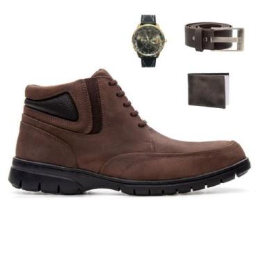 Imagem de Kit Bota Casual Confort Gel em Couro Masculino Texas Gold Café Relógio