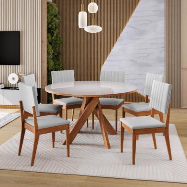 Imagem de Conjunto Sala de Jantar Mesa 137cm com Tampo de Vidro Mônaco com 6 Cadeiras Milão Madetal - Mel/Nude/Cinza