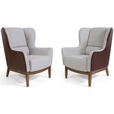 Imagem de Kit 02 Poltronas Milena Base Madeira Linho Cru/corano Rústico Marrom - Nexta Casa