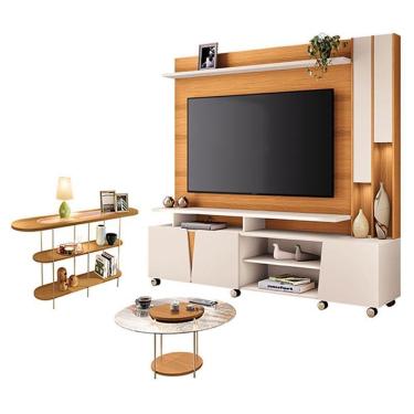 Imagem de Estante Home Theater Virtus Com Mesa De Centro Sky Com Tampo De Vidro E Aparador Infinity Cinamomo Off White - Hb Móveis