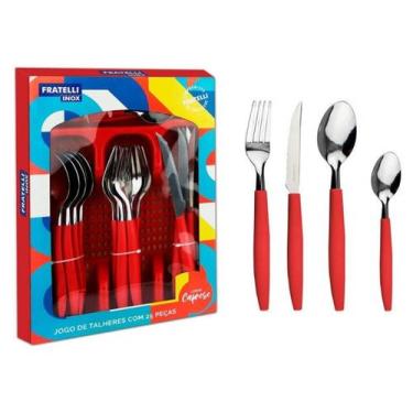 Imagem de Conjunto jogo de talheres faqueiro 25 peças caprese com suporte vermel